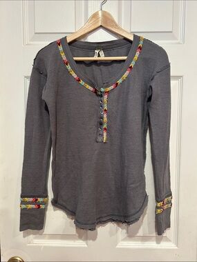 Free People We The Free Charcoal Gray Long-Sleeve Henley with Multicolor Trim